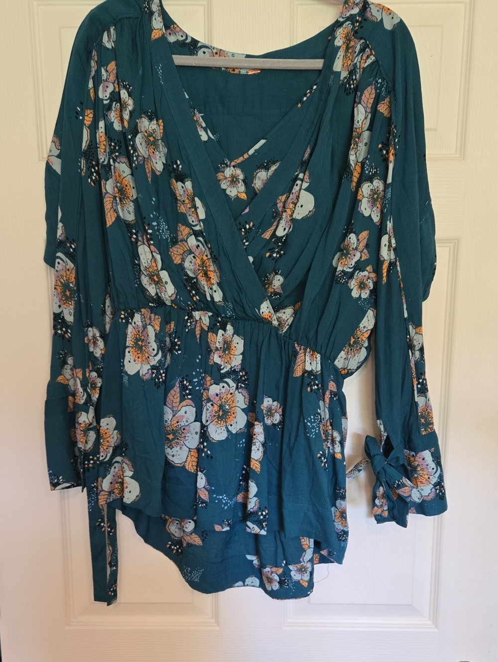 Free People Floral Long Sleeve Top With Tie Sleeves